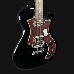 Black electric guitar with a red flame pattern on a black background