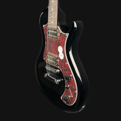 Black electric guitar with red flame pattern on a black background