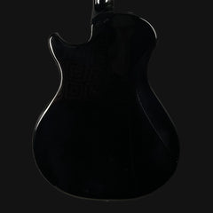 Silhouette of a black electric guitar on a black background