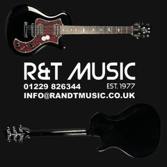 Guitar with R&T Music branding and contact information on a black background