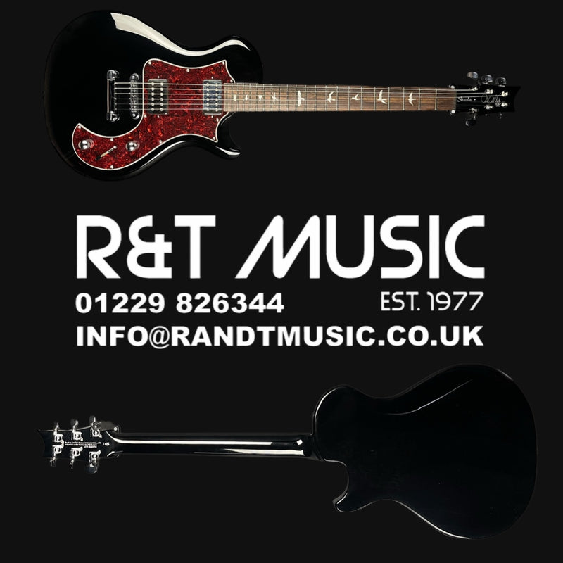 Guitar with R&T Music branding and contact information on a black backgroundd