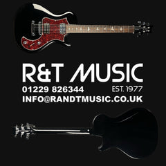 Guitar with R&T Music branding and contact information on a black backgroundd