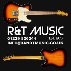 Guitar with R&T Music branding and contact information on a black background