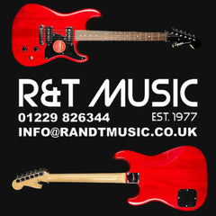 Red electric guitar with R&T Music branding on a black background