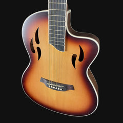 Acoustic guitar with flame pattern on a black background