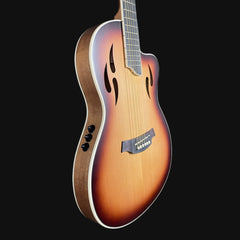 Side view of a sunburst acoustic guitar on a black background