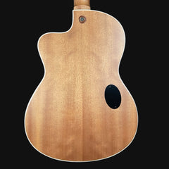 Back view of a wooden acoustic guitar with a black soundhole on a black background