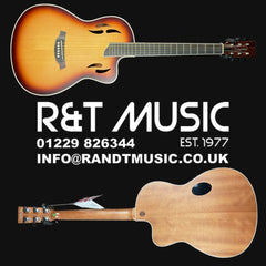 Guitar with R&T Music branding and contact information on a black background