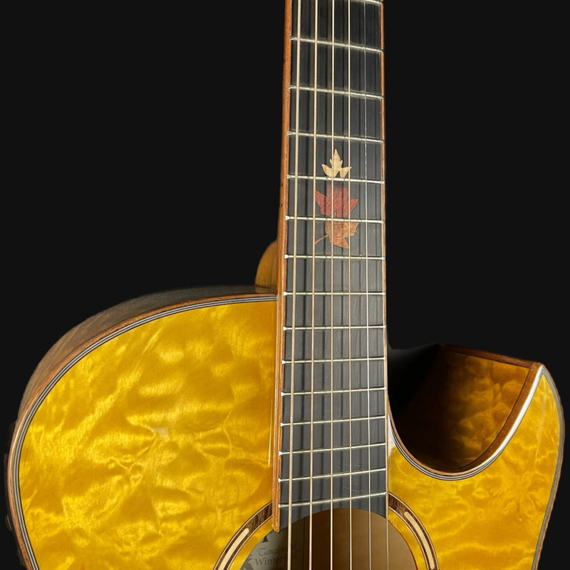 Close-up of a guitar with a yellow finish on a black background