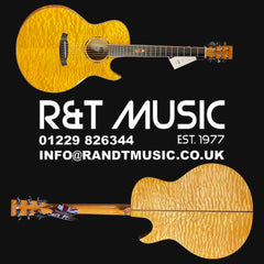 Acoustic guitar with R&T Music branding and contact information on a black background