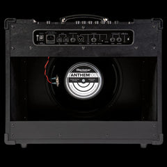 Black guitar amplifier with 'Anthem 100' label on a white background
