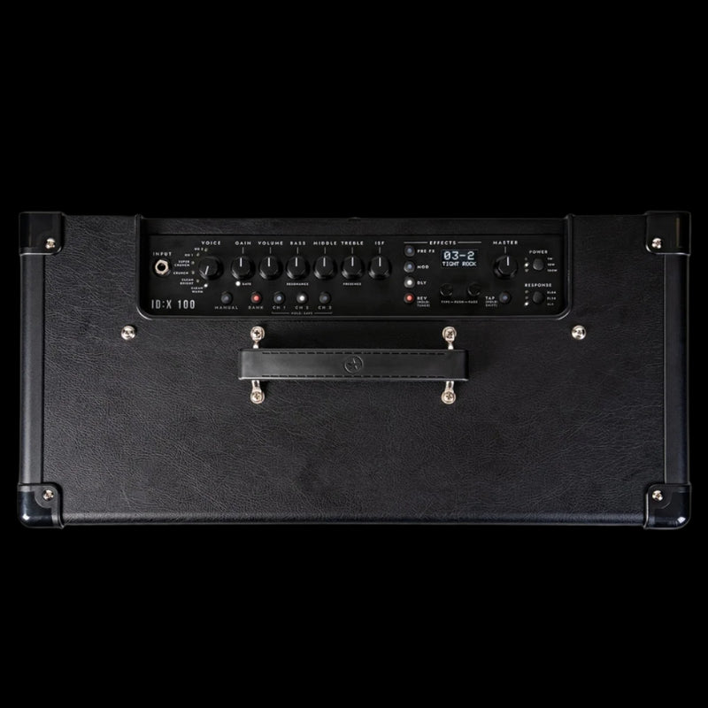 Black guitar amplifier with control panel on a white background