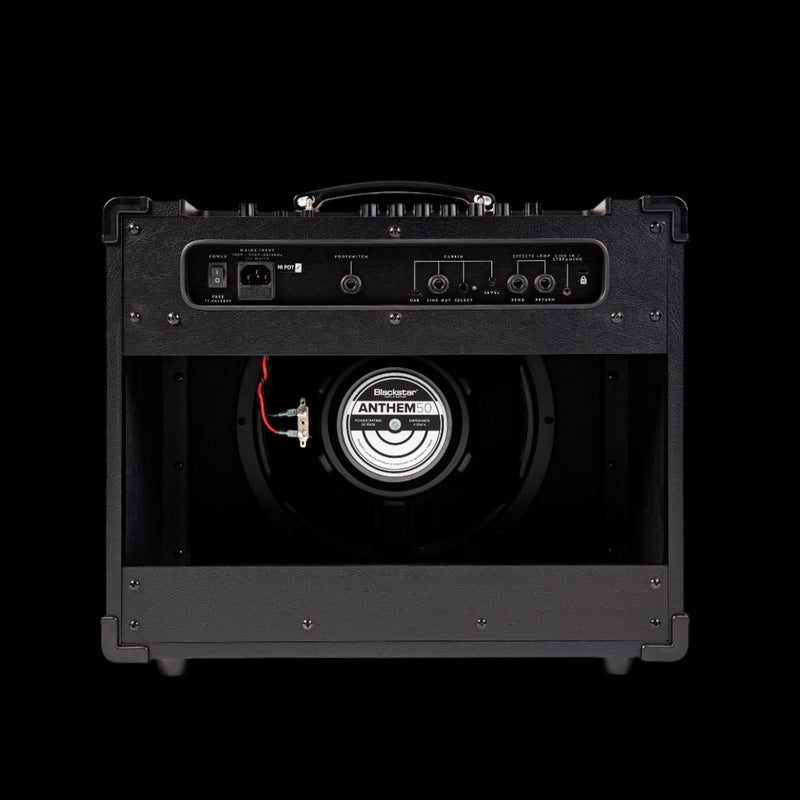 Black guitar amplifier with 'Anthem' branding on a white background