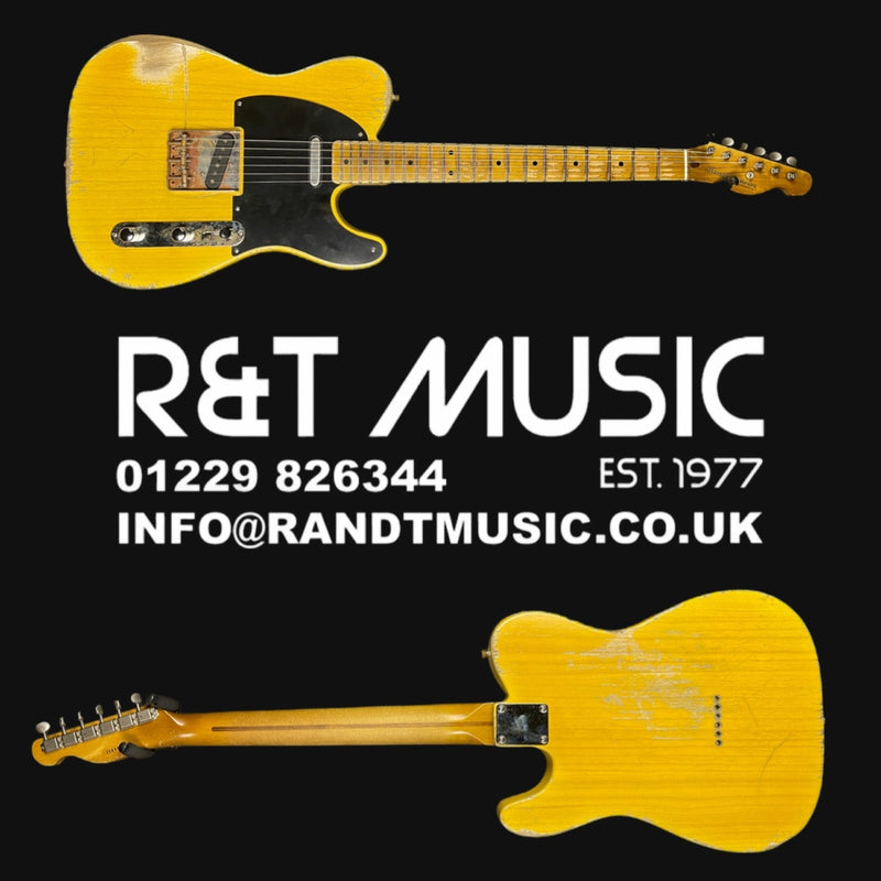 Yellow electric guitar on a black background with R&T Music branding.