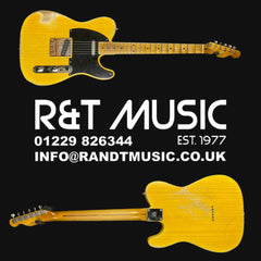 Yellow electric guitar on a black background with R&T Music branding.